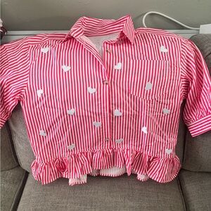 Women’s Pink Striped Heart Ruffle Crop Top